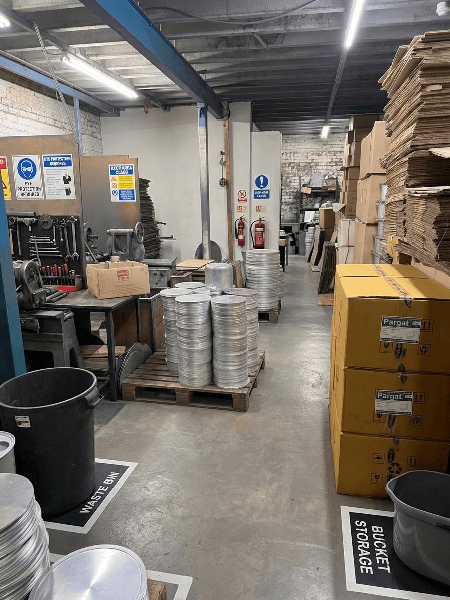 Workshop floor with stacks of aluminium discs ready for forming