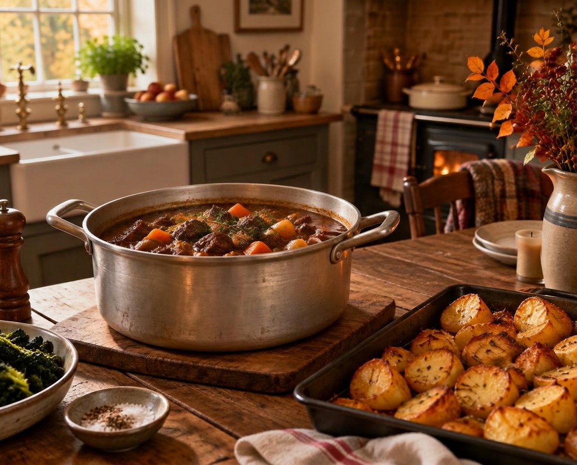 A steaming stew and golden roast potatoes on a farmhouse kitchen table