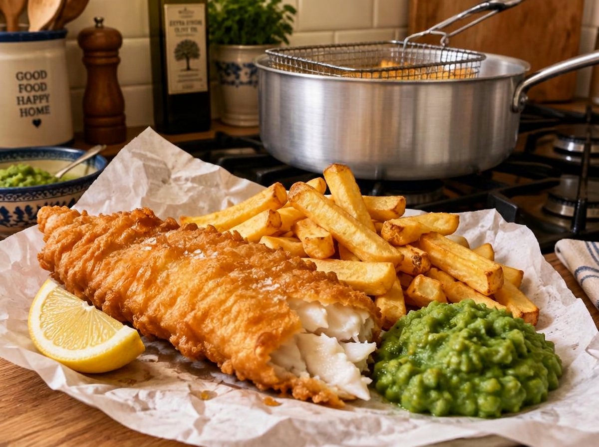 Fish and chips cooked at home